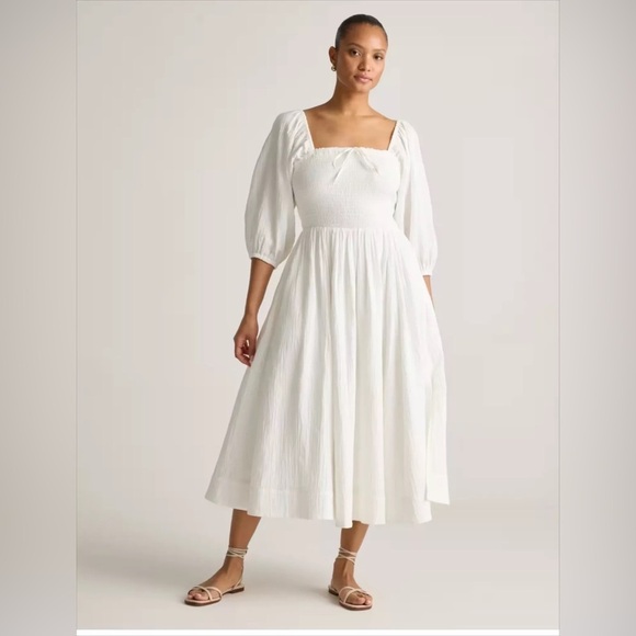 Quince Dresses & Skirts - Quince 100% Organic Cotton Gauze Smocked Square Neck Midi Dress Sz Sm White NEW